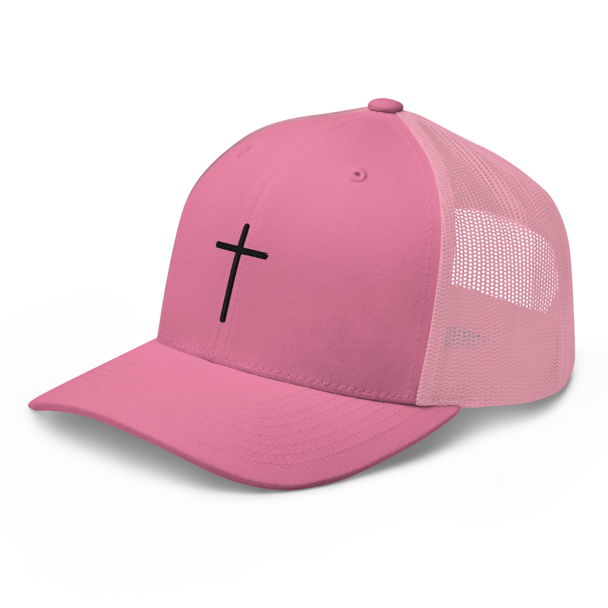Pink Christian Embroidered Hat with a Black Cross Design on Front and Mesh Back