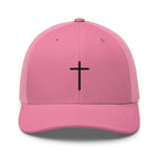 Pink Christian Embroidered Hat with a Black Cross Design on the Front