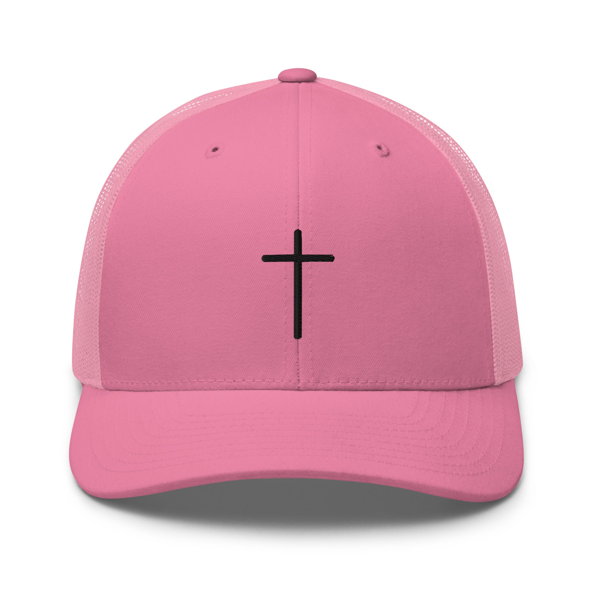 Pink Christian Embroidered Hat with a Black Cross Design on the Front