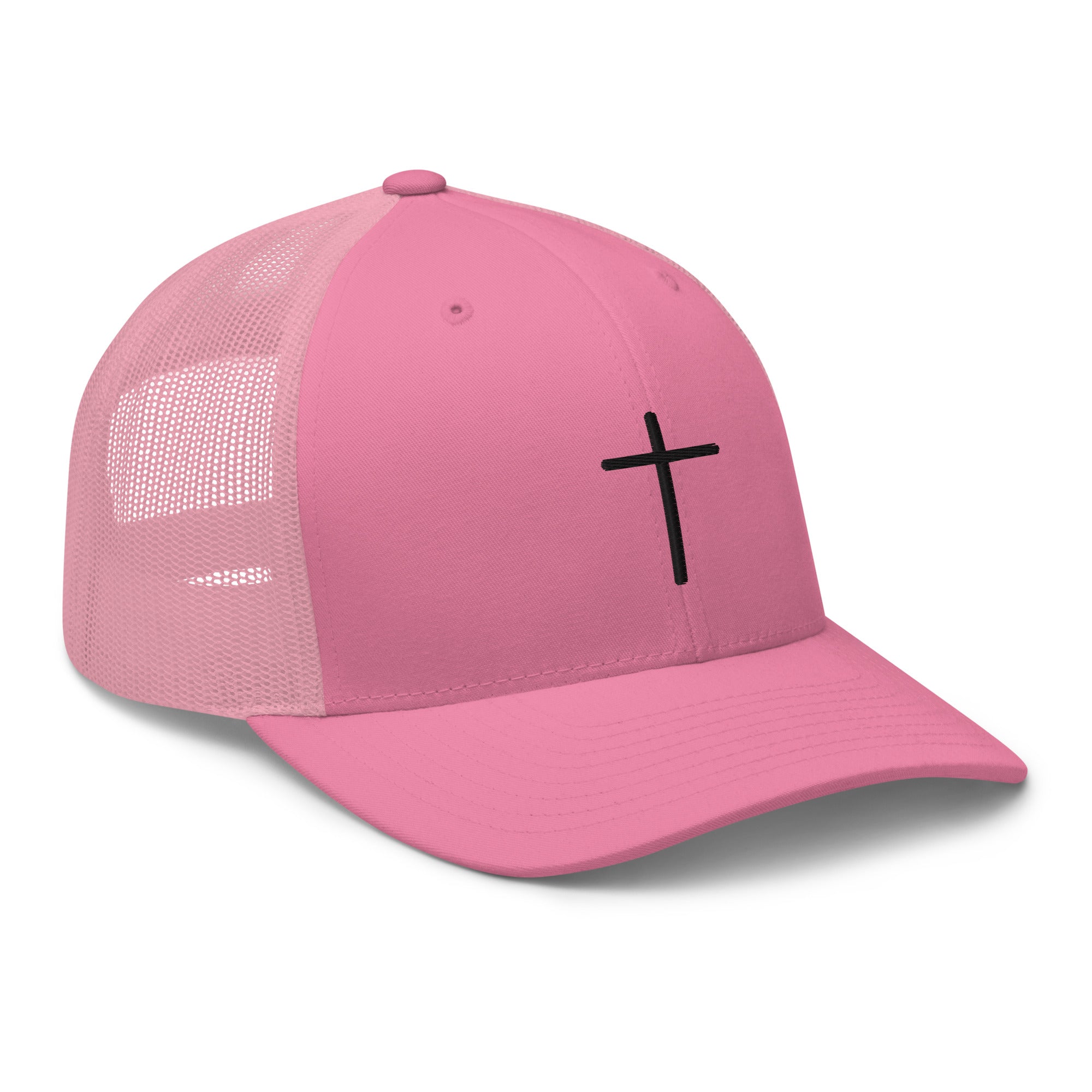 Christian Embroidered Hat in Pink with a Simple Cross Design and Mesh Back for Comfort