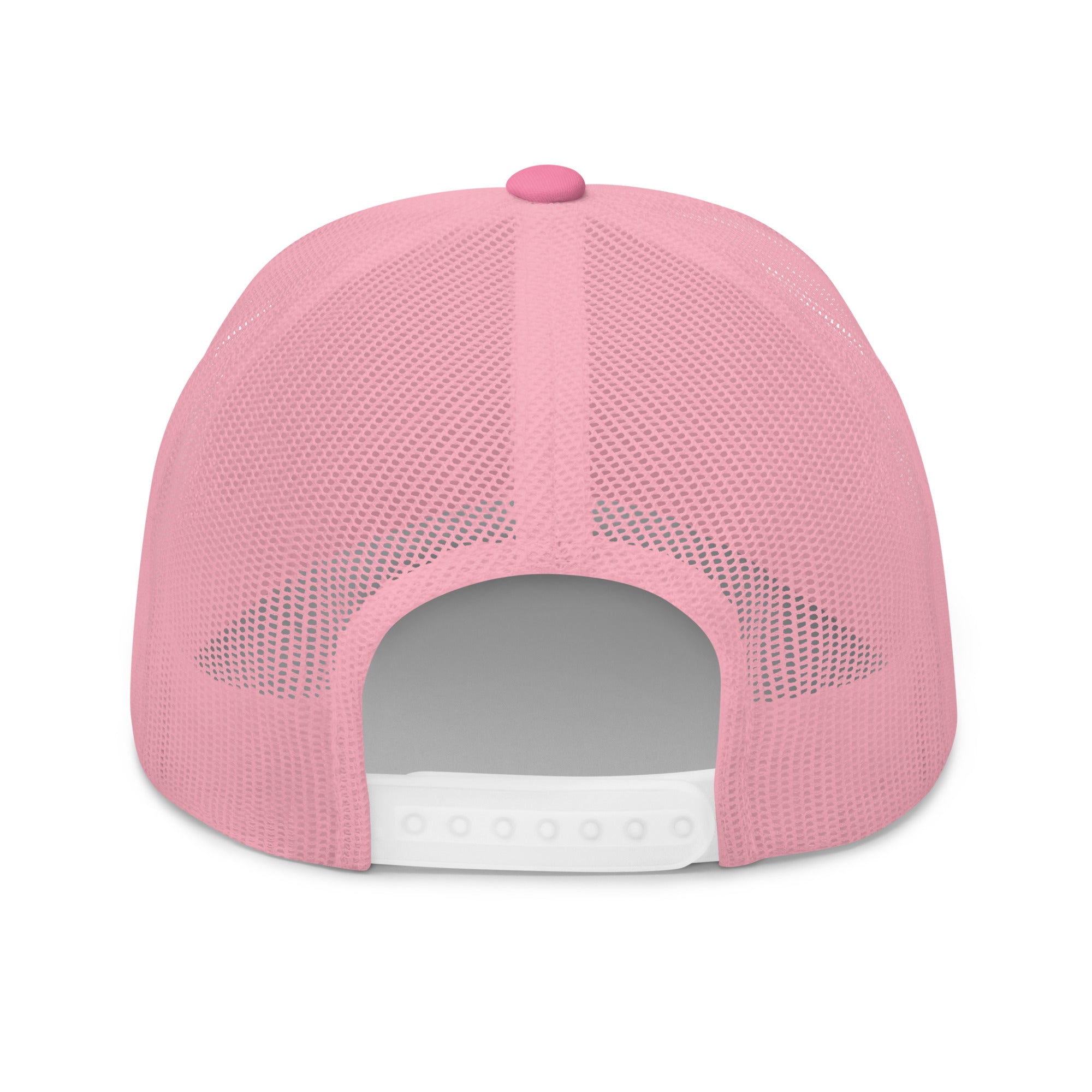 Back view of a pink Christian Embroidered Hat with mesh design and adjustable snap closure