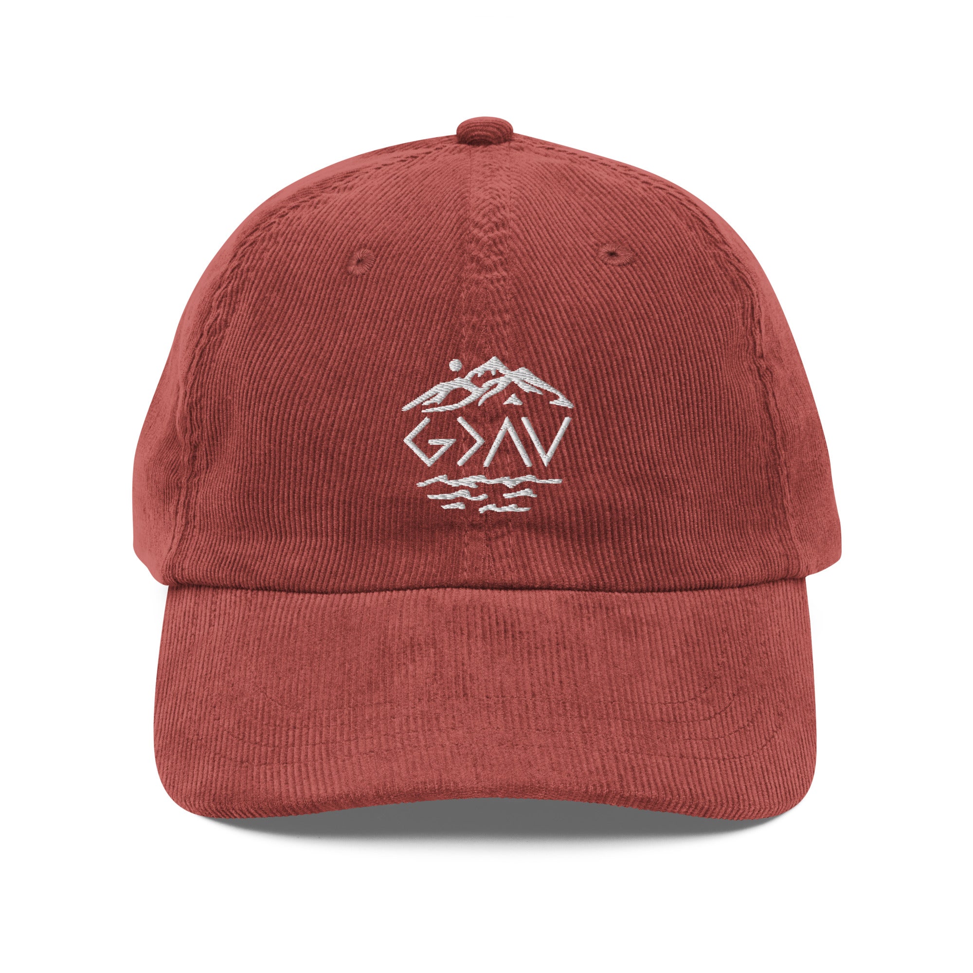Christian Embroidered Hat in Rust Color with Mountain and Water Design