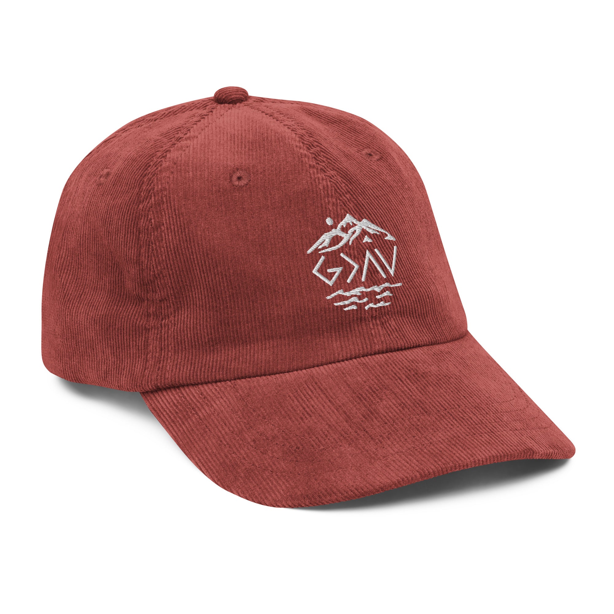 Christian Embroidered Hat in red corduroy with mountain and wave design for stylish faith-inspired wear