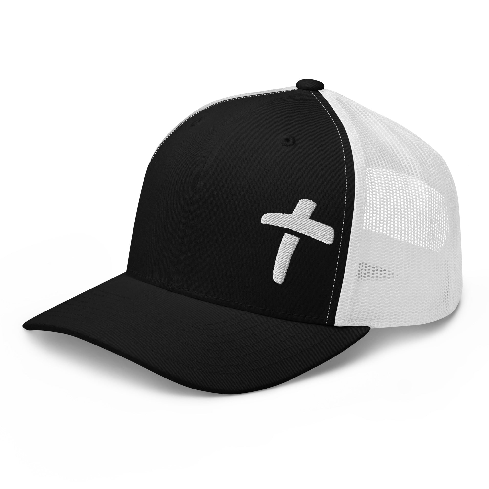 Black and white Christian Embroidered Hat with a cross design for stylish faith expression