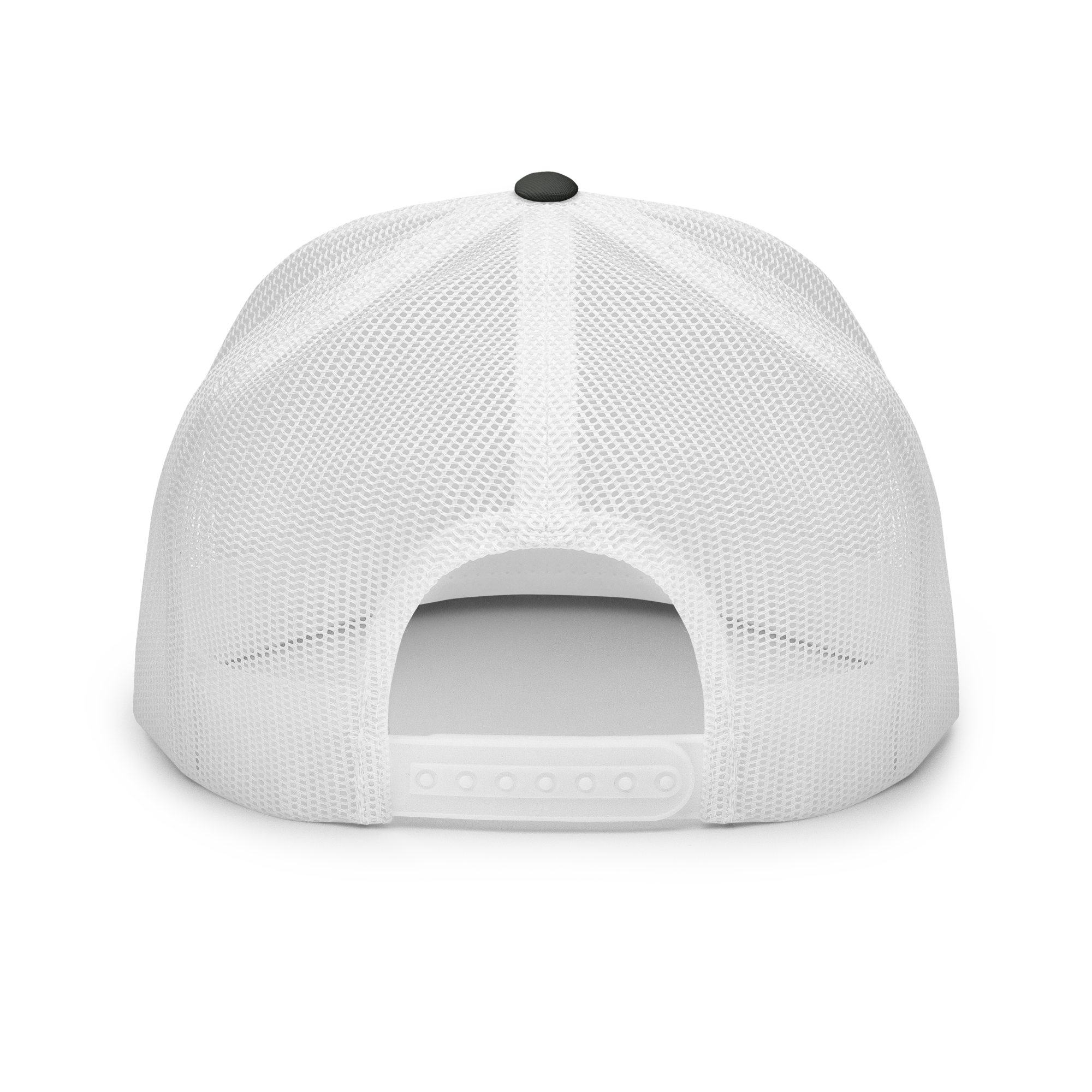 Back view of a white Christian Embroidered Hat with a breathable mesh design and adjustable strap