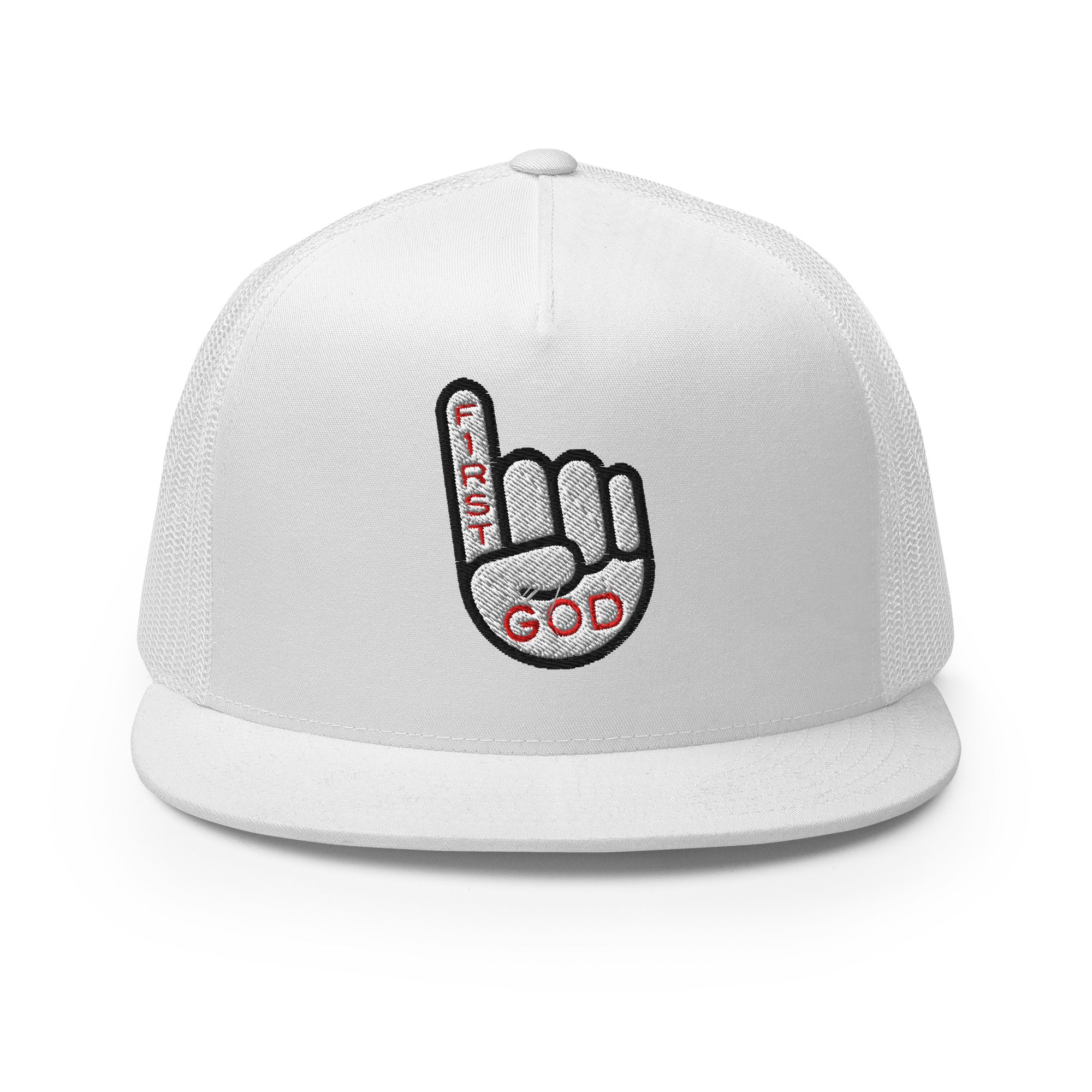White Christian Embroidered Hat featuring a raised design with the words First God