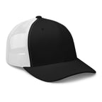 Black and white Christian Embroidered Hat with a classic trucker style and mesh back