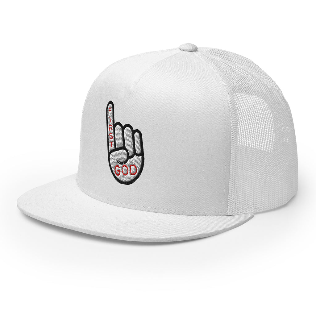 Christian Embroidered Hat in white featuring a stylish design with 'First God' text