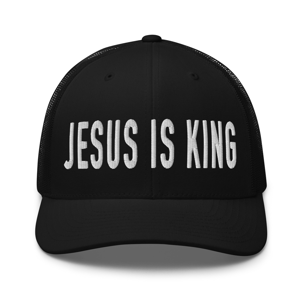 RepThe1 Christian Hat in black with white embroidered text 'Jesus Is King'