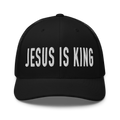 RepThe1 Christian Hat in black with white embroidered text 'Jesus Is King'