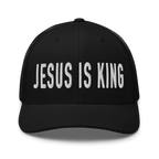 RepThe1 Christian Hat in black with white embroidered text 'Jesus Is King'