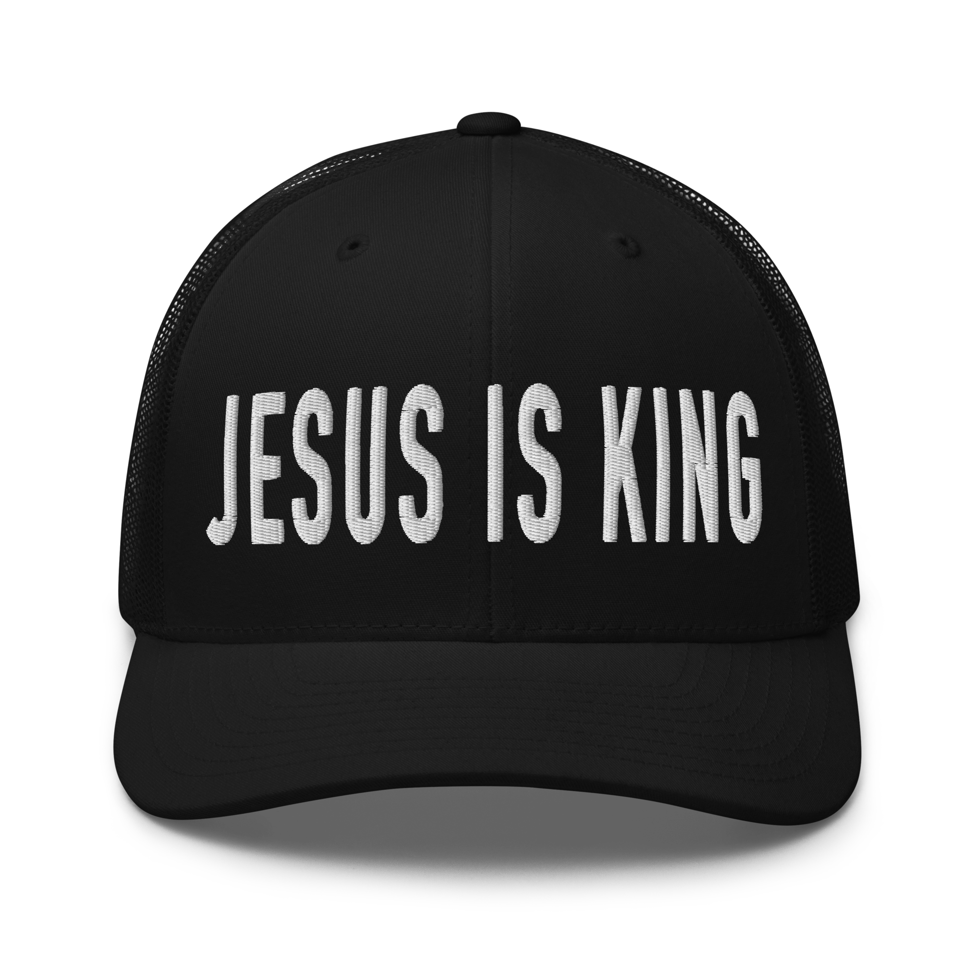 RepThe1 Christian Hat in black with white embroidered text 'Jesus Is King'