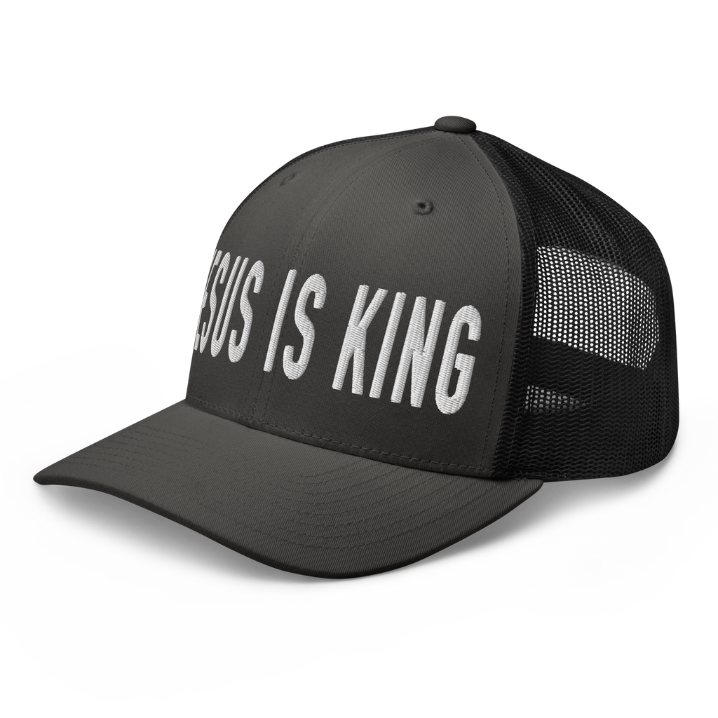 Christian Hat featuring 'JESUS IS KING' embroidered on a black snapback design