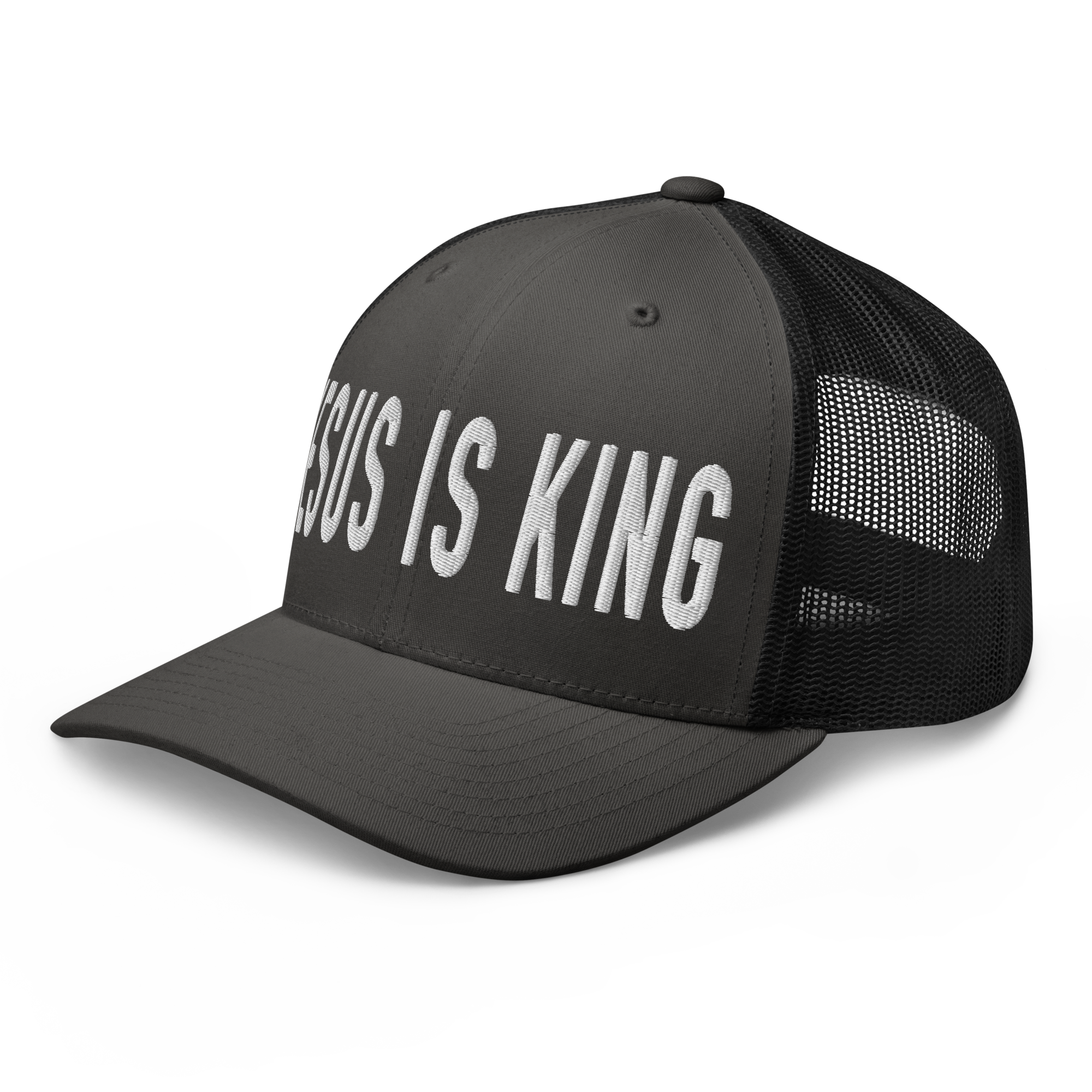Christian Hat featuring 'JESUS IS KING' embroidered on a black snapback design