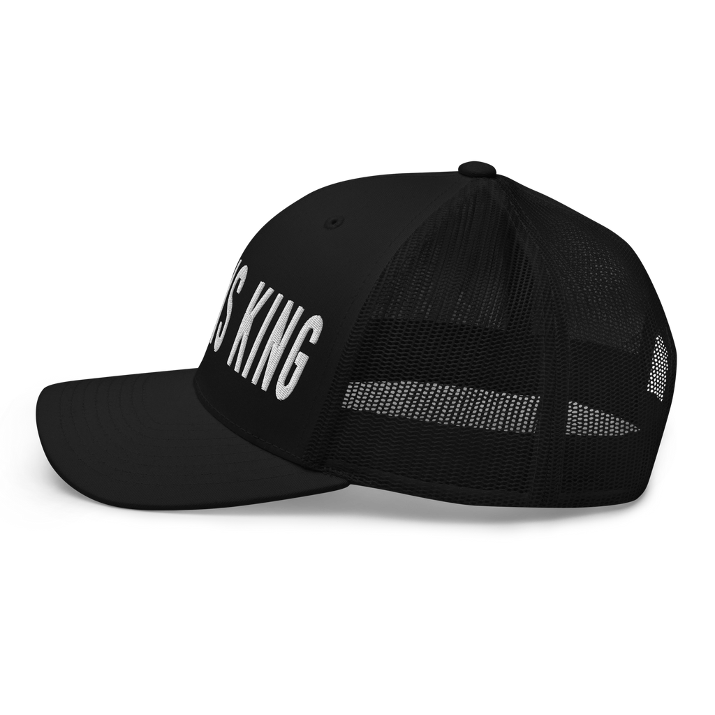 Black Christian Hat with bold lettering declaring Jesus is King for stylish believers