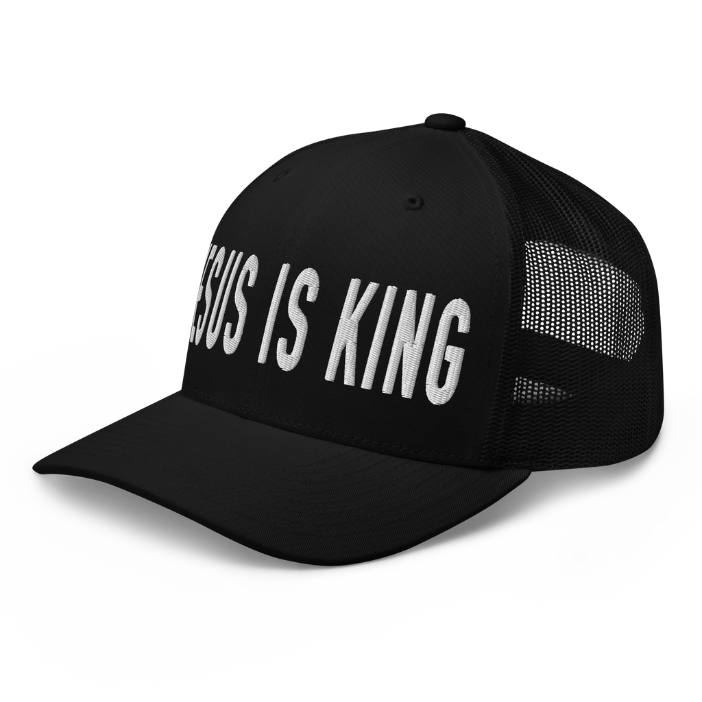 Black Christian Hat with bold white text that reads Jesus Is King for faith-inspired fashion