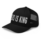 Black Christian Hat with bold white text that reads Jesus Is King for faith-inspired fashion