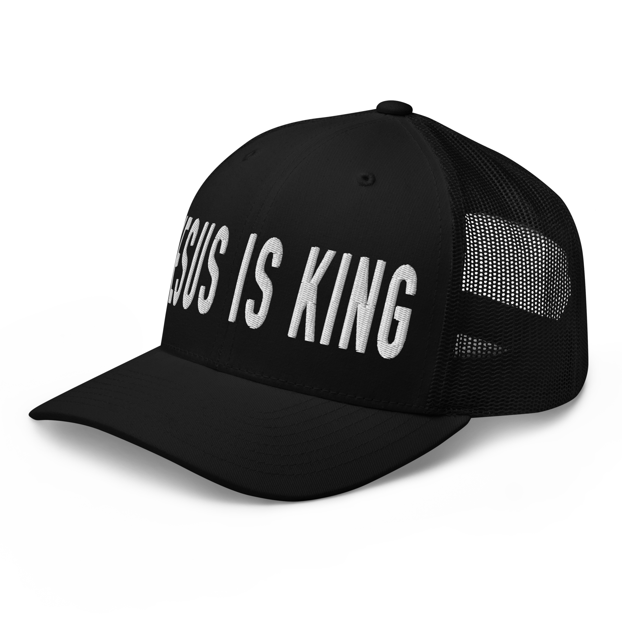 Black Christian Hat with bold white text that reads Jesus Is King for faith-inspired fashion