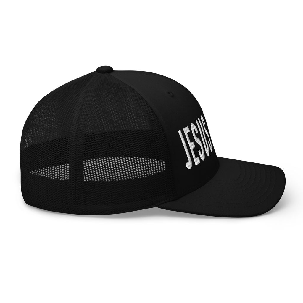 Black Christian Hat with 'JESUS' printed in bold white letters on the front panel