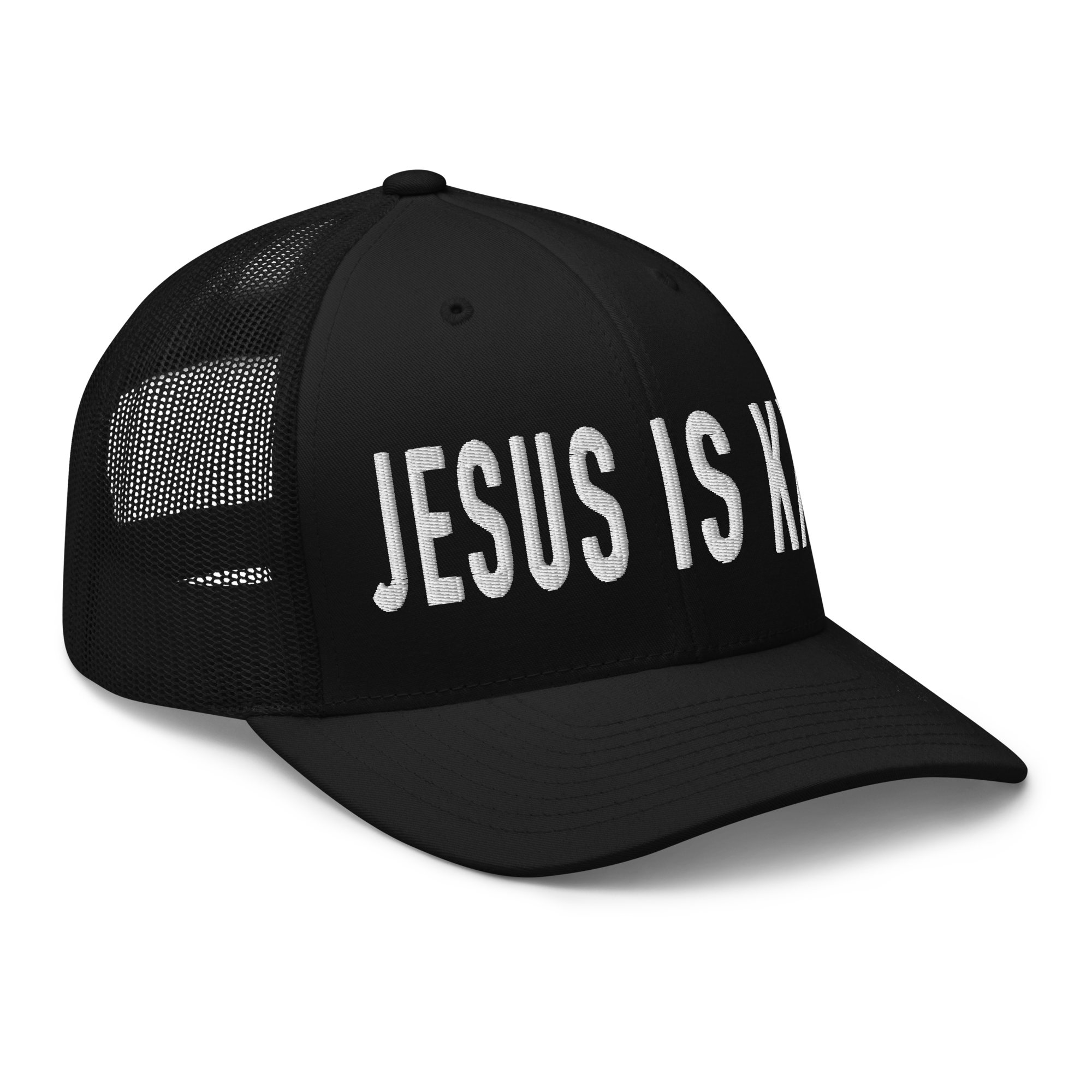 Black Christian Hat with 'Jesus is King' Text for Faith-Inspired Style
