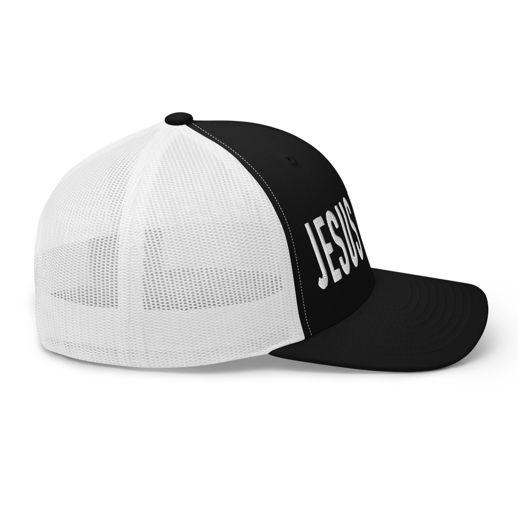 Black and white Christian Hat with the word JESUS prominently displayed on the front