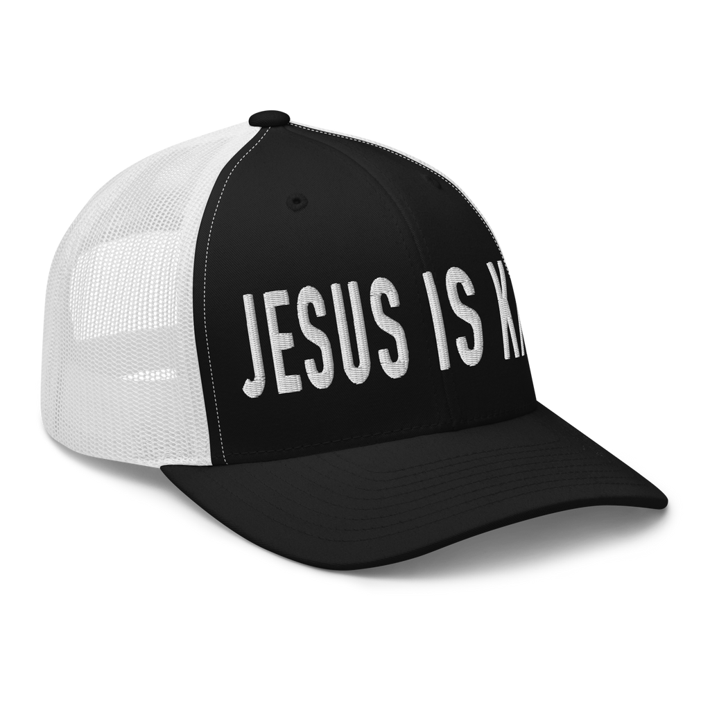 Black and white Christian Hat with 'Jesus is King' text for stylish expression of faith