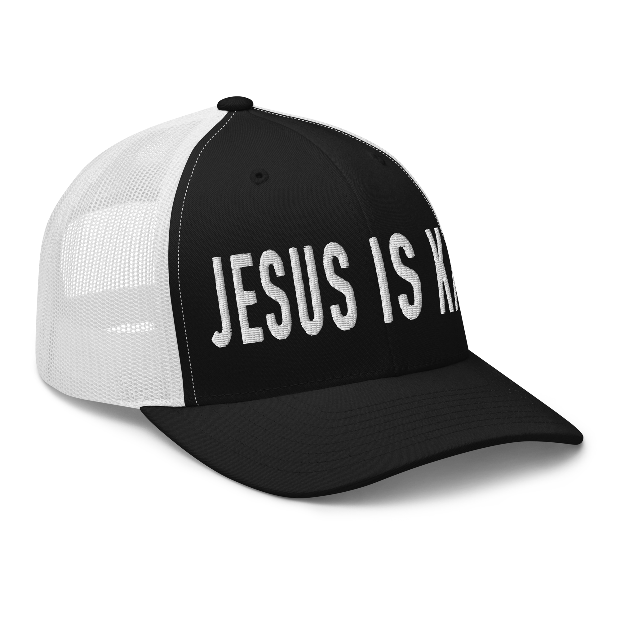 Black and white Christian Hat with 'Jesus is King' text for stylish expression of faith