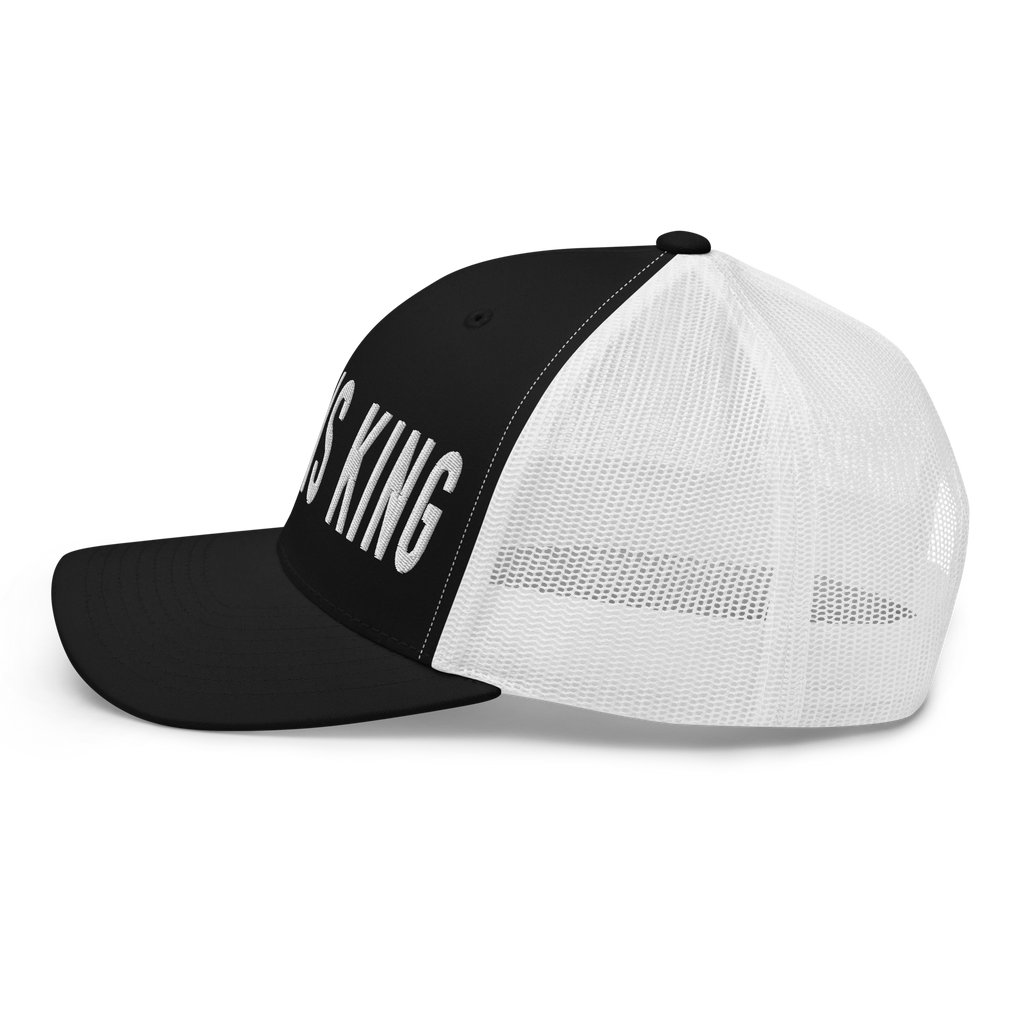 Black and white Christian Hat with bold lettering proclaiming Jesus King