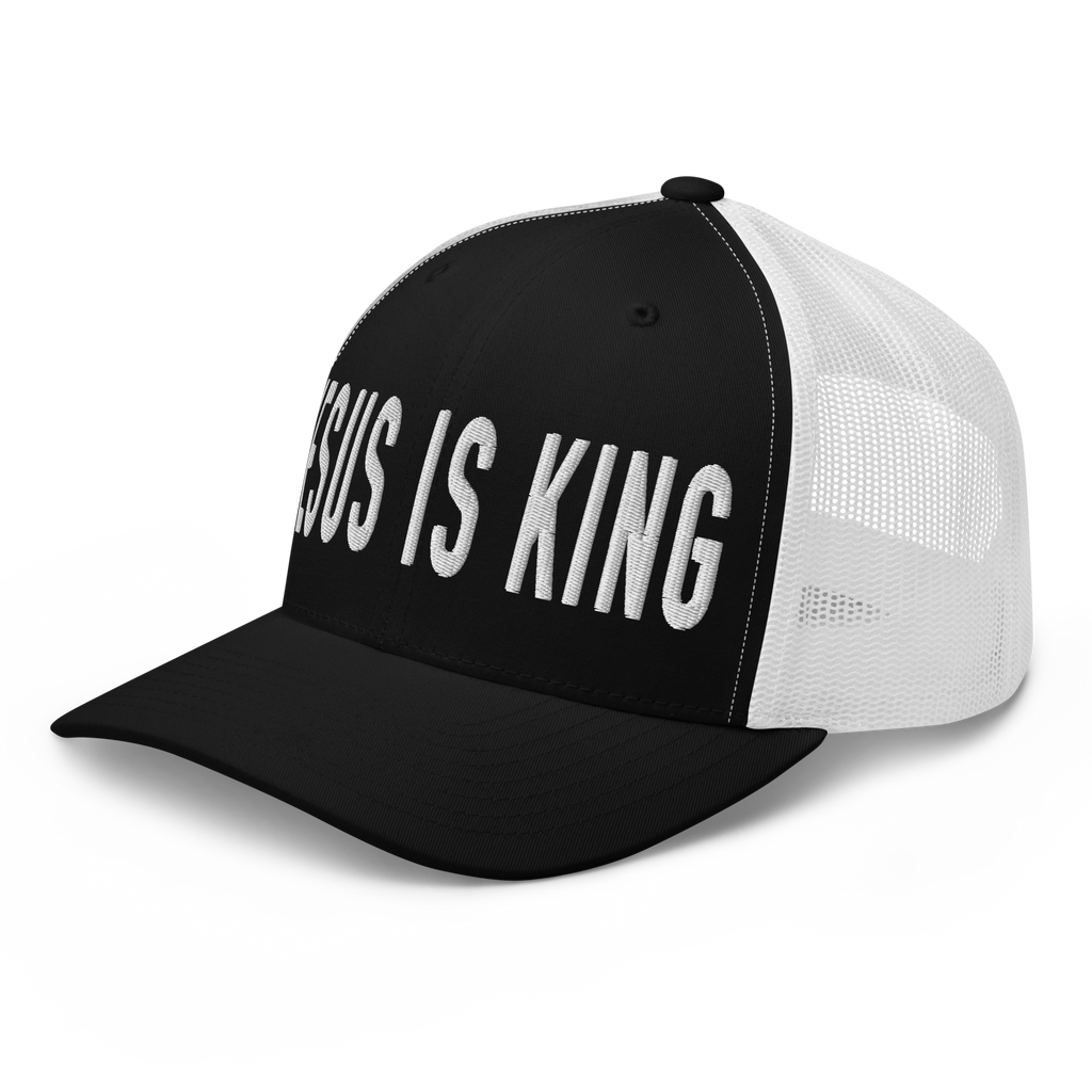 Black and white Christian Hat with 'Jesus is King' text for stylish faith expression