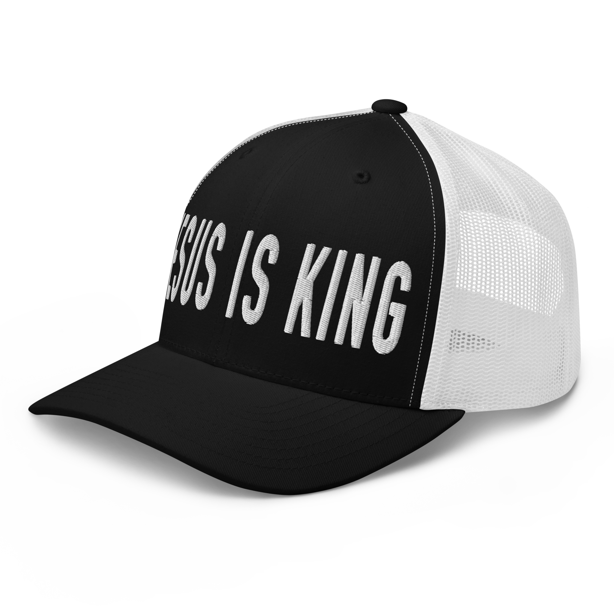 Black and white Christian Hat with 'Jesus is King' text for stylish faith expression