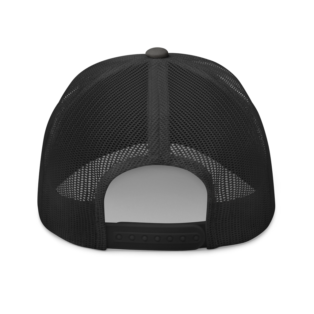 Back view of a black Christian Hat with a mesh design for breathability