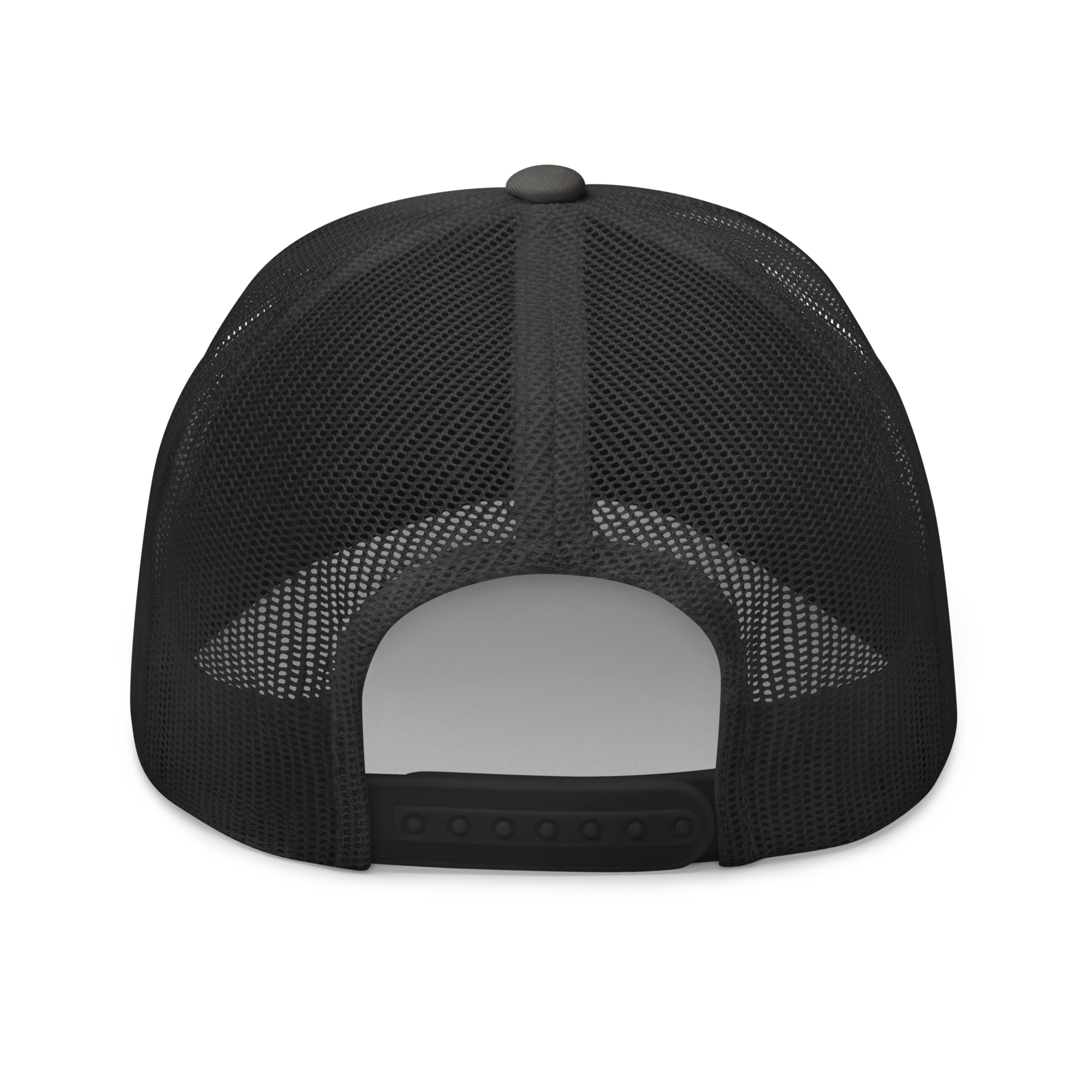 Back view of a black Christian Hat with a mesh design for breathability