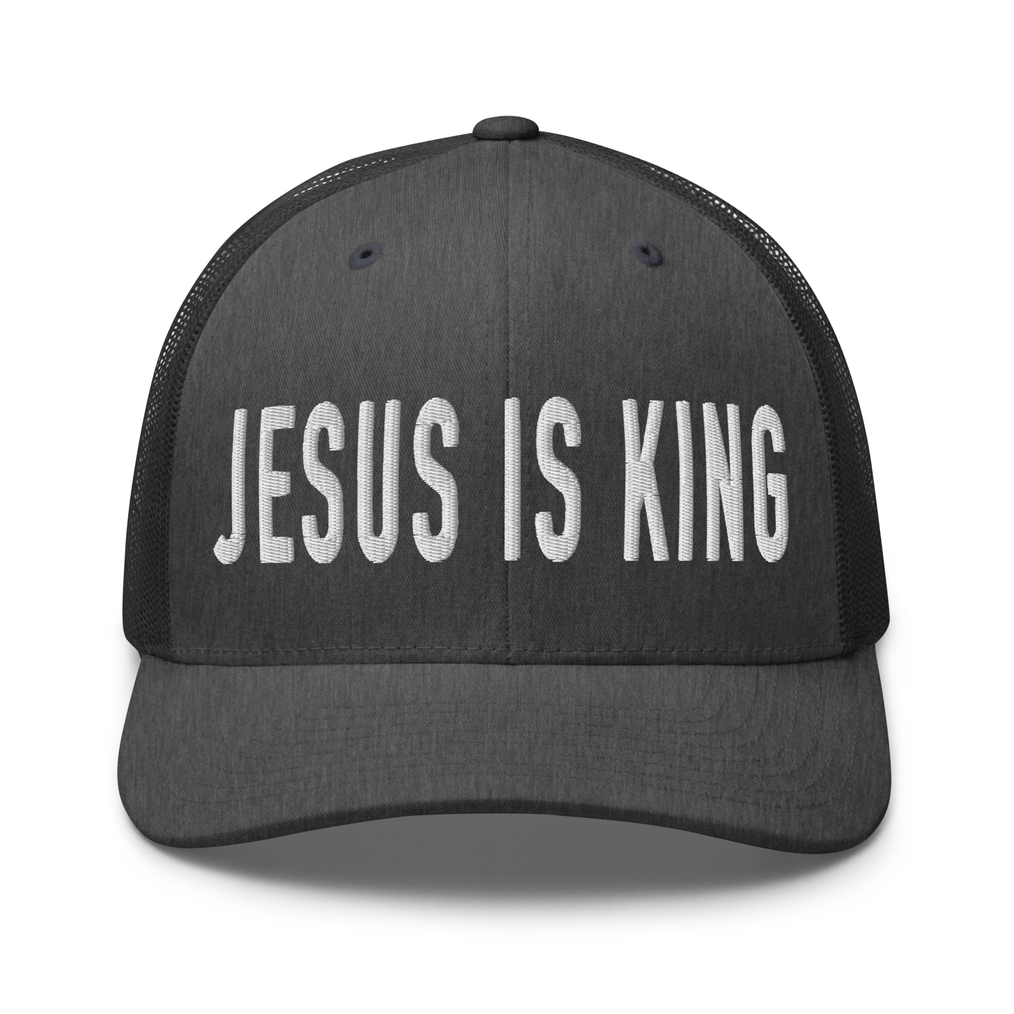 Black Christian Hat with white embroidered text reading Jesus Is King for faith-inspired fashion