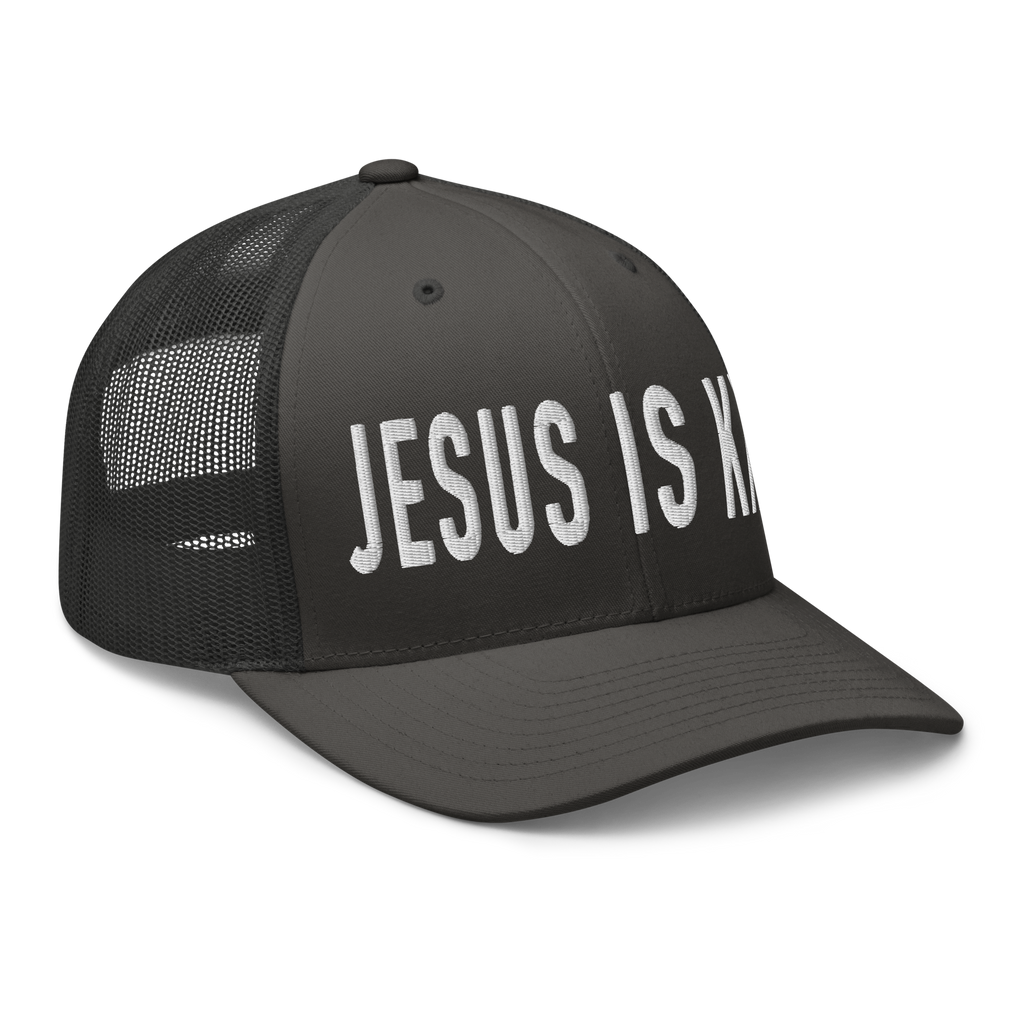 Black Christian Hat with the phrase Jesus is King in bold white letters