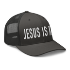 Black Christian Hat with the phrase Jesus is King in bold white letters