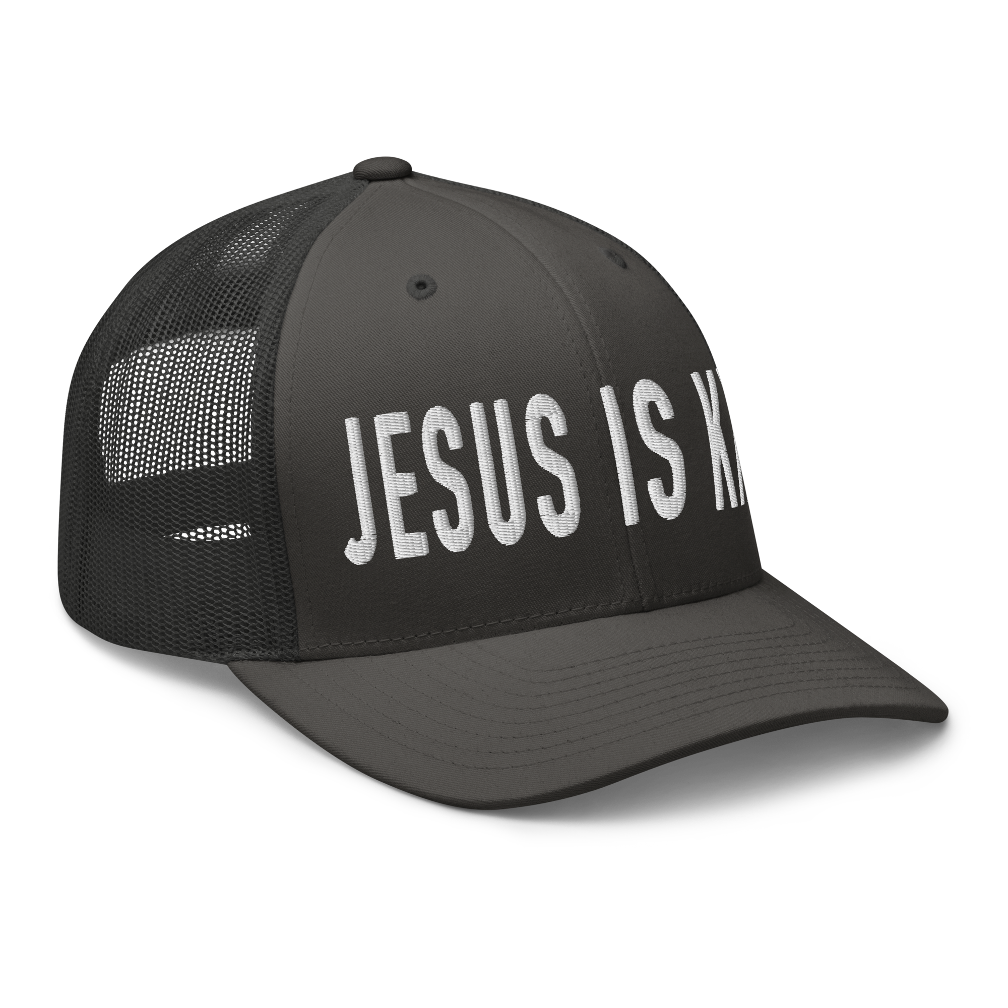 Black Christian Hat with the phrase Jesus is King in bold white letters