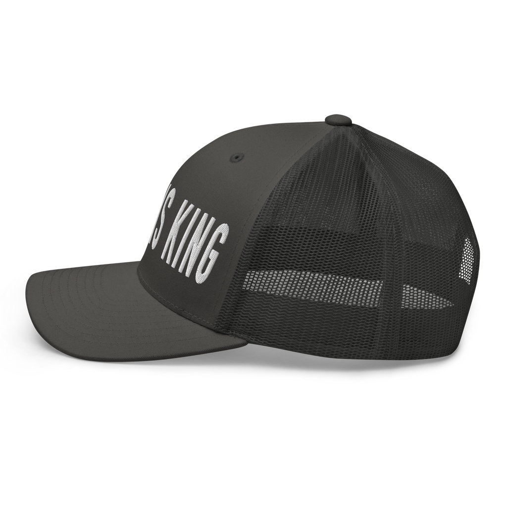 Gray trucker Christian Hat with bold lettering proclaiming 'IS KING' for faith-based fashion