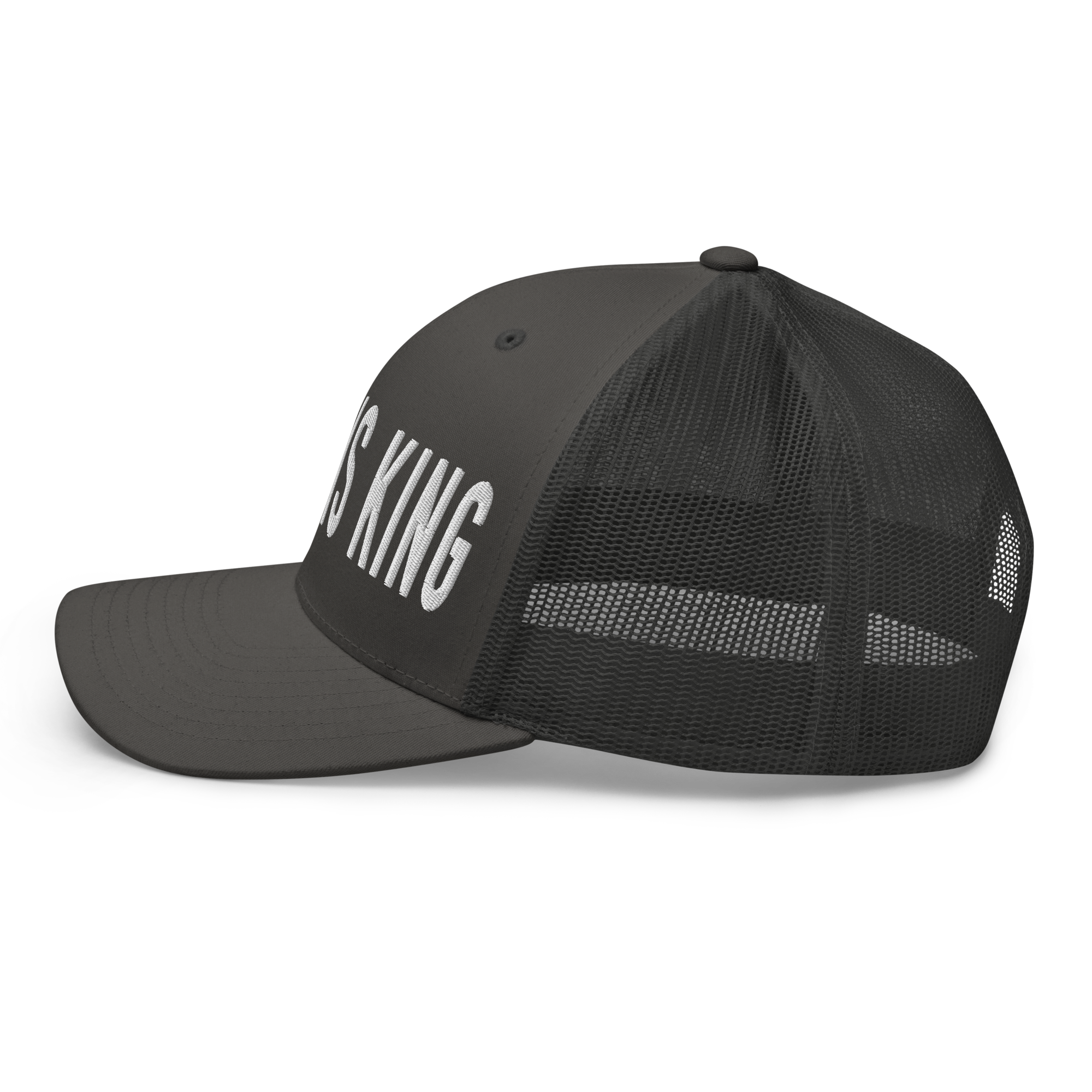 Gray trucker Christian Hat with bold lettering proclaiming 'IS KING' for faith-based fashion