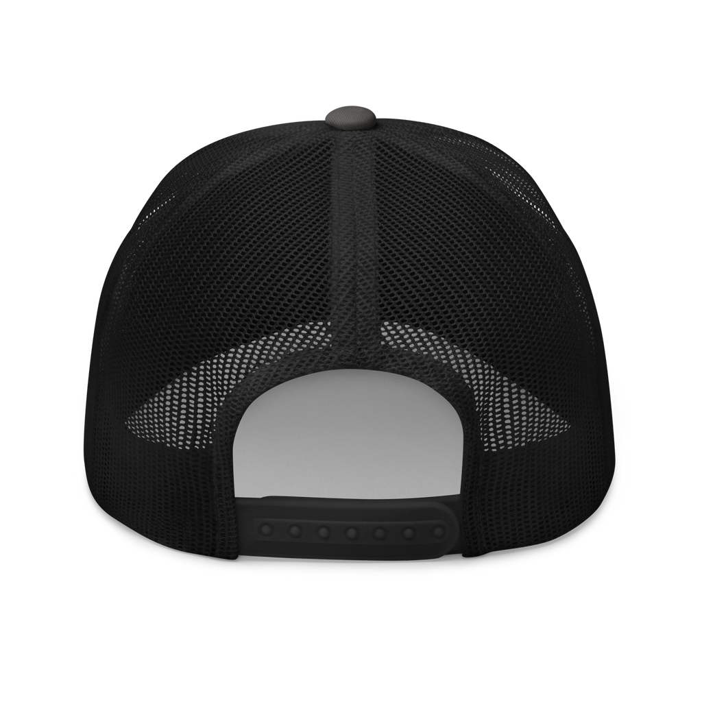 Back view of a black Christian Hat with a mesh design and adjustable strap for a comfortable fit