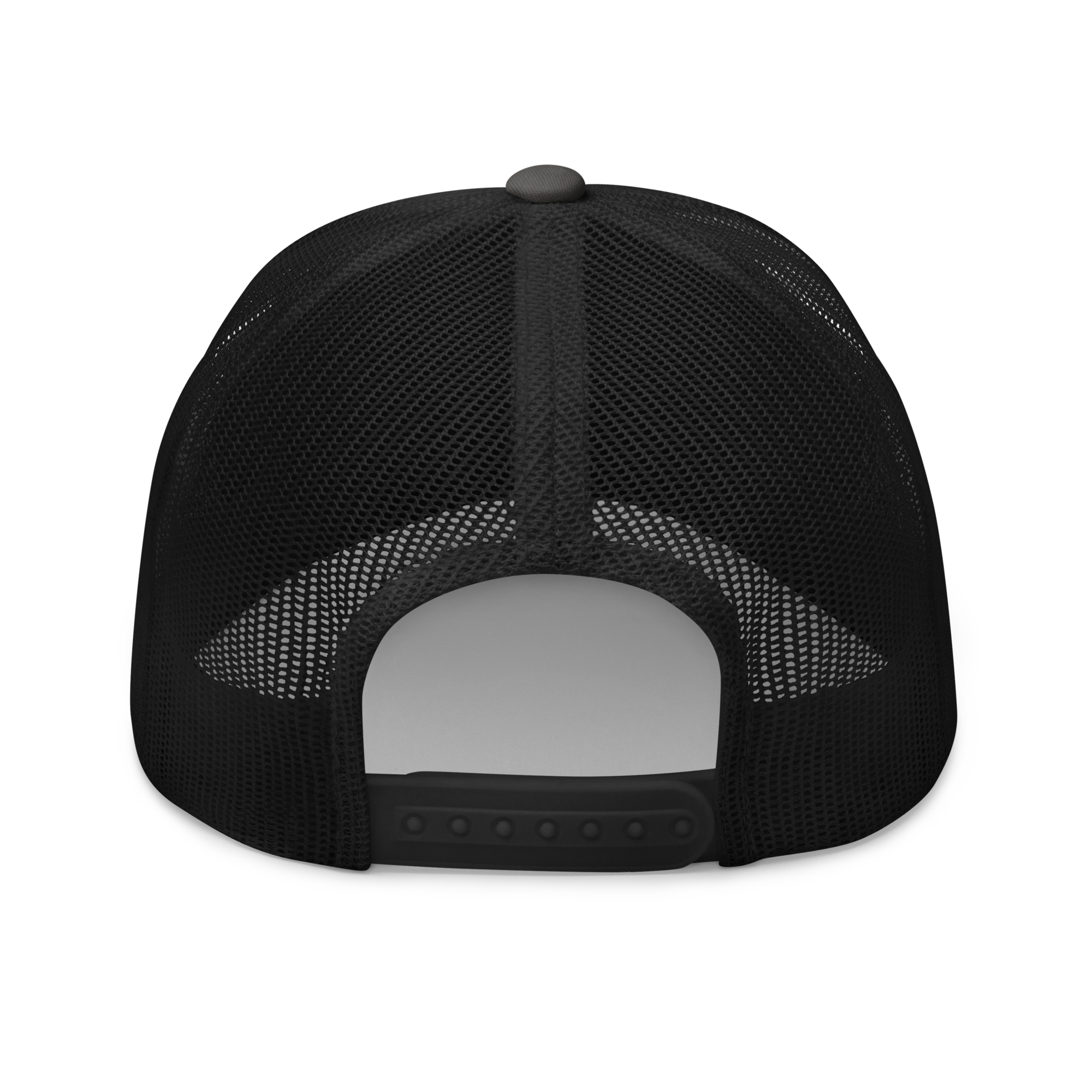 Back view of a black Christian Hat with a mesh design and adjustable strap for a comfortable fit