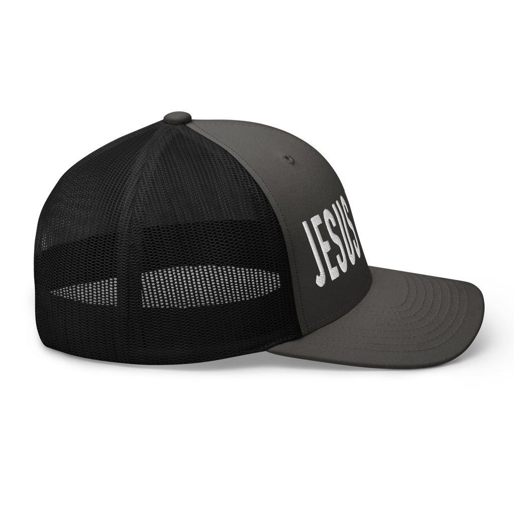 Side view of a black Christian Hat with JESUS printed in bold white letters