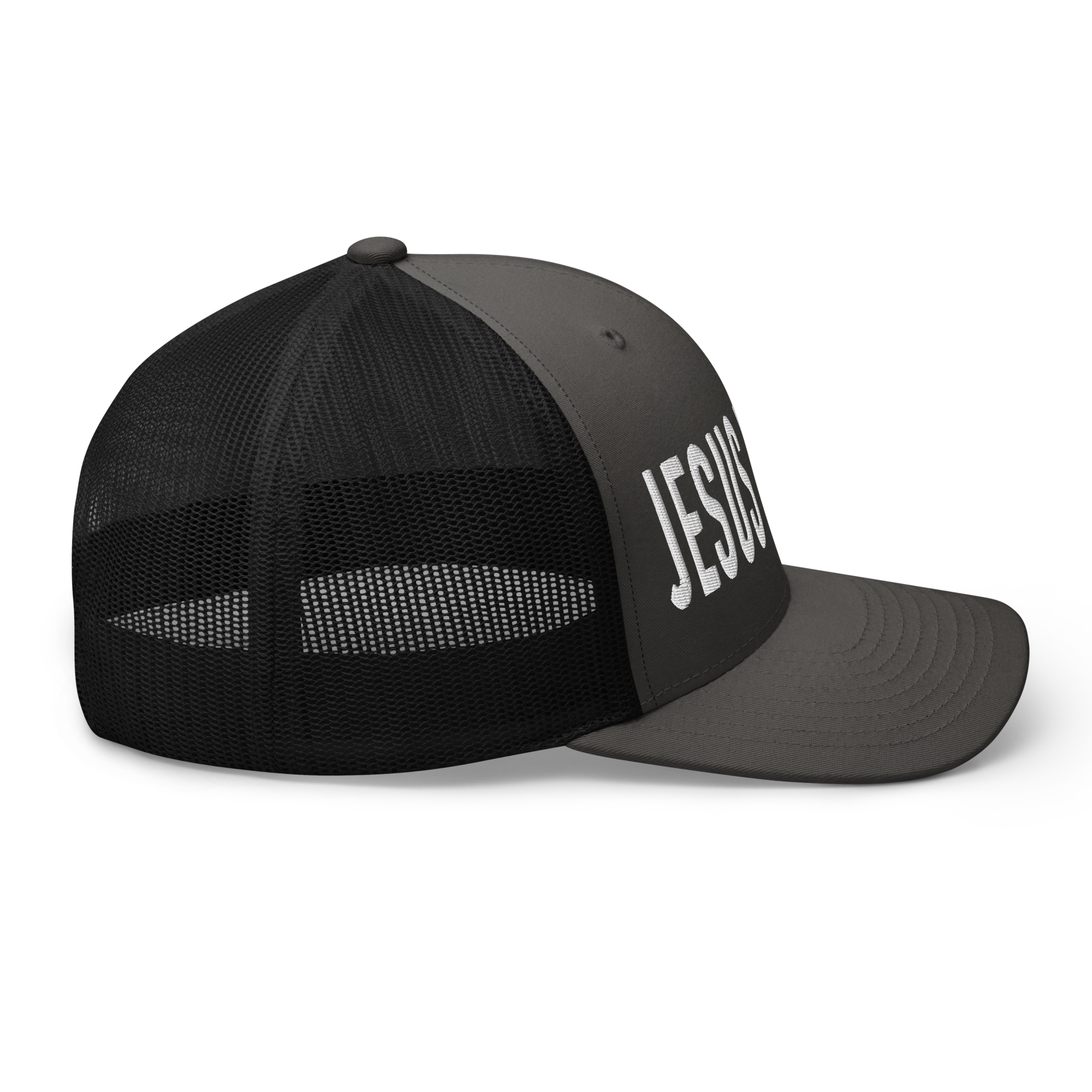 Side view of a black Christian Hat with JESUS printed in bold white letters