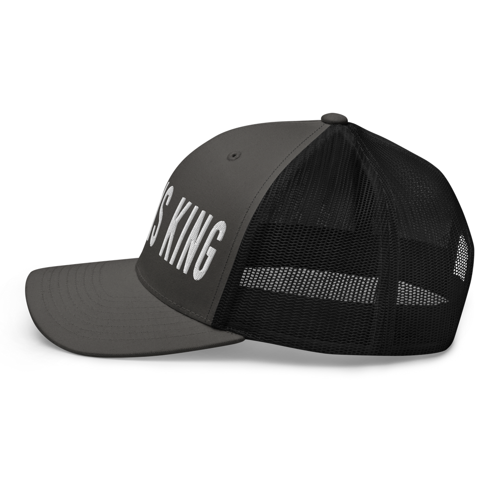 Gray Christian Hat with bold lettering proclaiming 'HE IS KING' for stylish faith expression