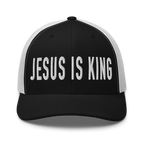 Black and white Christian Hat featuring bold text 'JESUS IS KING' for faith-inspired fashion