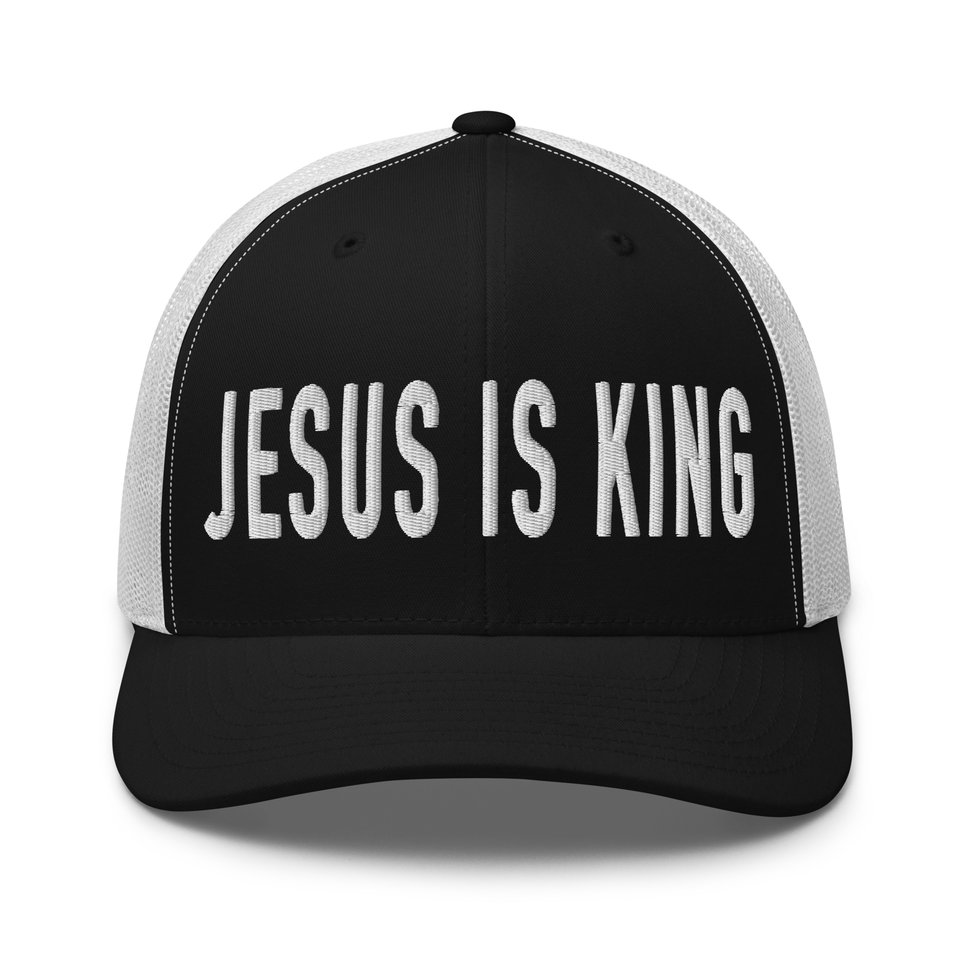 Black and white Christian Hat featuring bold text 'JESUS IS KING' for faith-inspired fashion