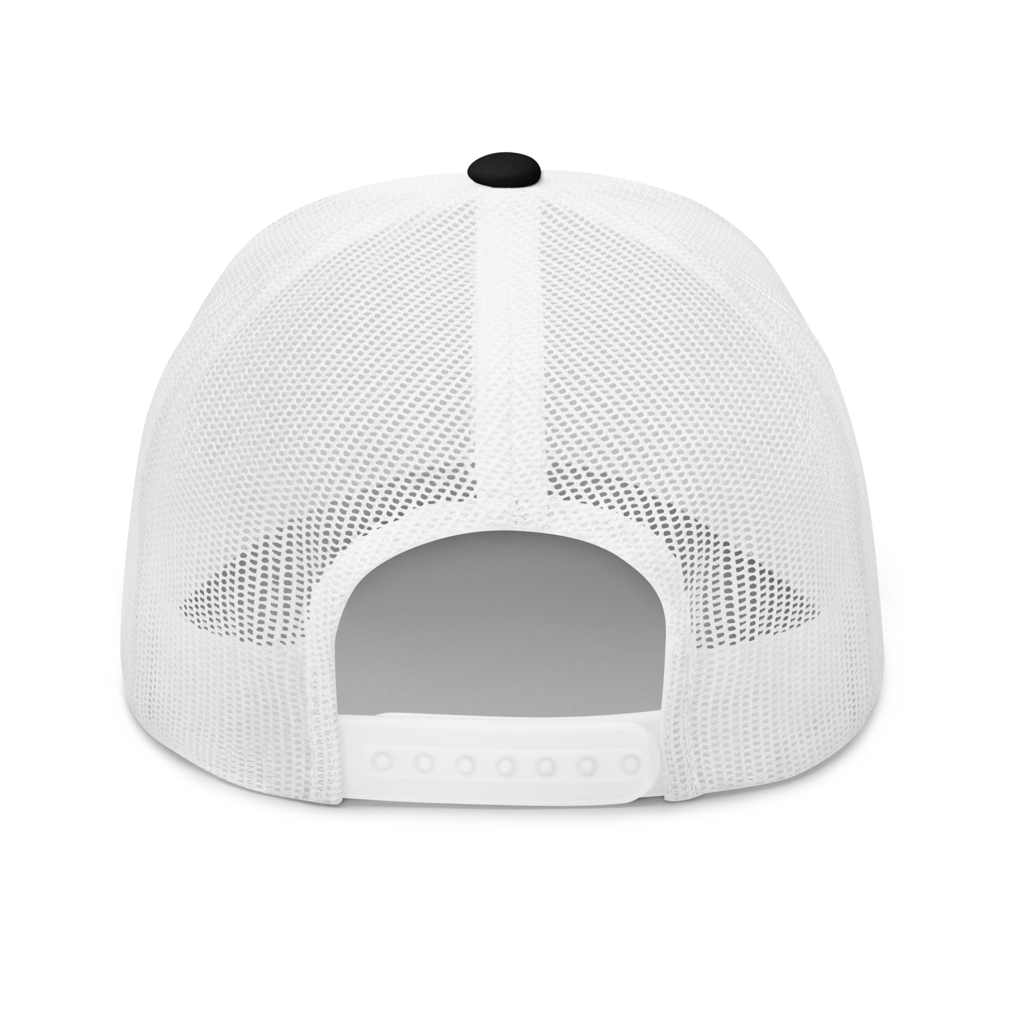 Back view of a white mesh Christian Hat with adjustable strap for comfortable fit