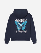 Elevated Faith Christian Hoodie in navy with butterfly design and 'Made New' text on the back