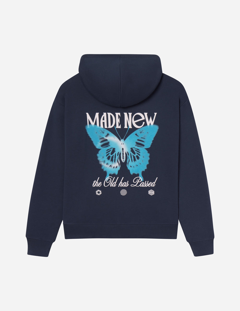 Elevated Faith Christian Hoodie in navy with butterfly design and 'Made New' text on the back