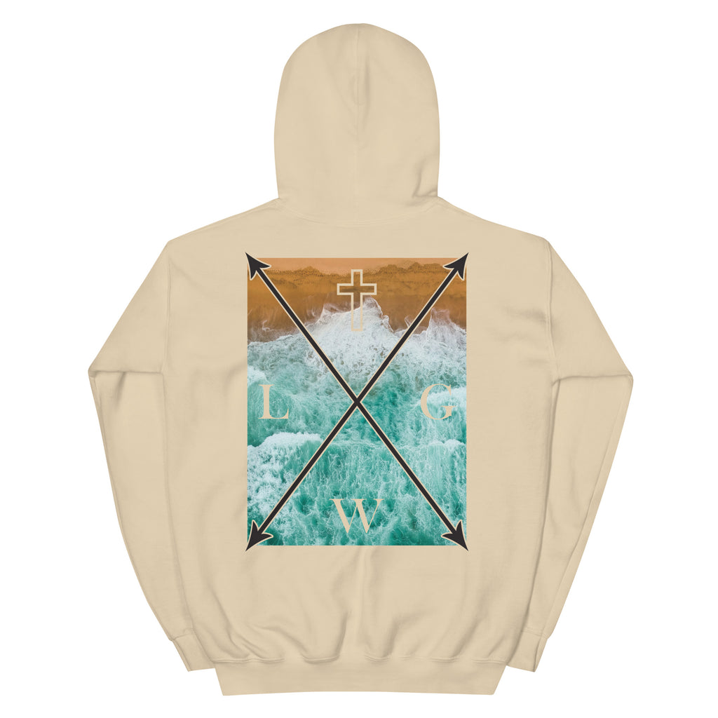 Beige Christian Hoodie featuring vibrant wave design and cross graphic on the back
