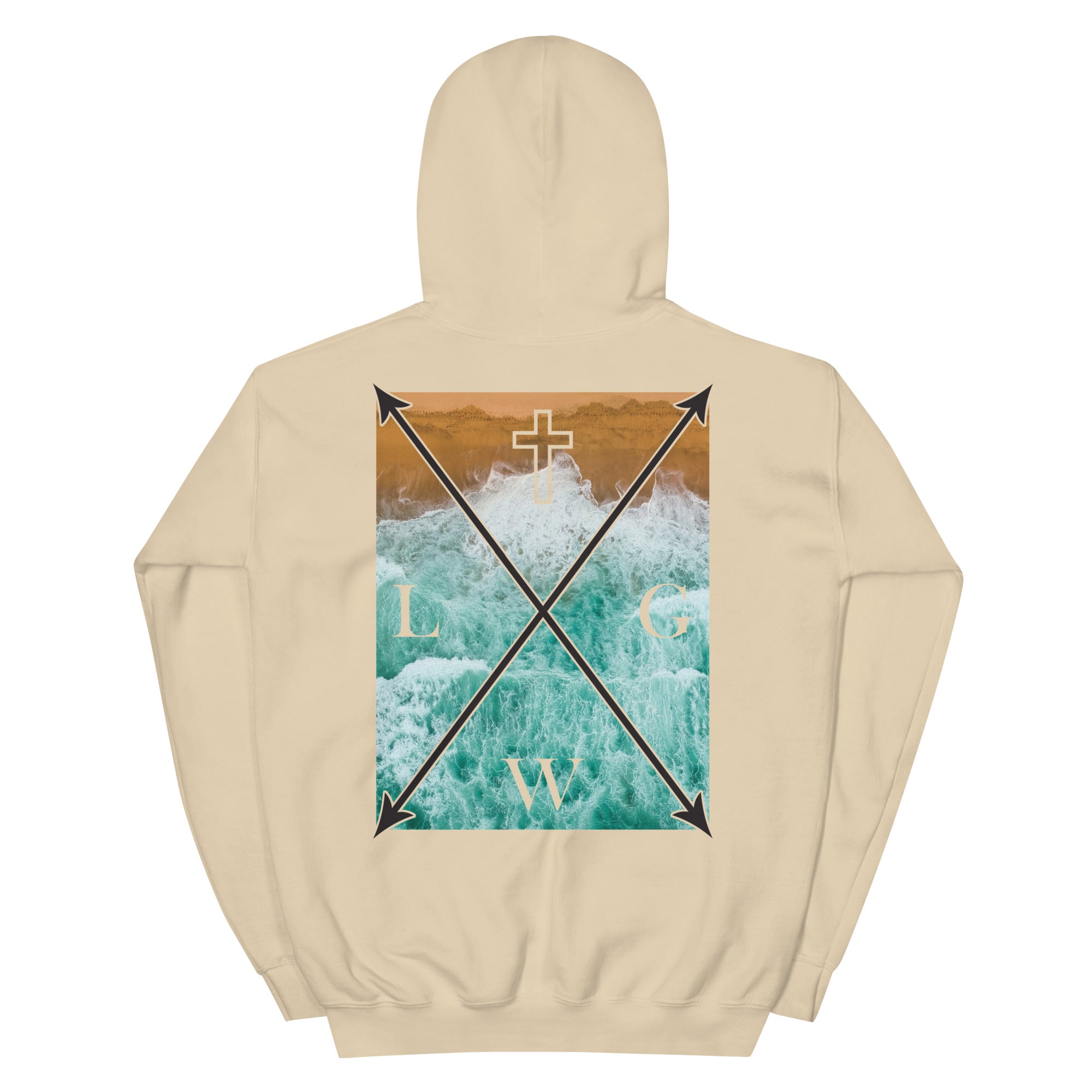 Beige Christian Hoodie featuring vibrant wave design and cross graphic on the back
